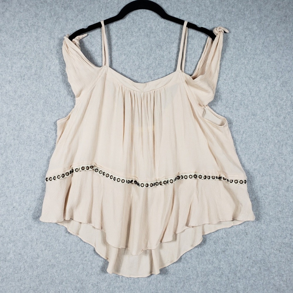 Winwin Apparel Beige Criss Cross Back Tank Top Large Gauzy Eyelet Ruffle Boho‎